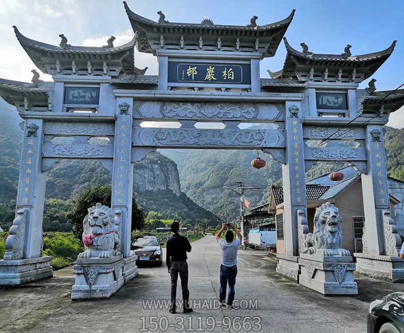 景區仿古代建筑斗拱三門石雕牌坊雕塑