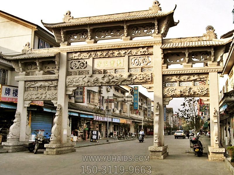 花崗巖浮雕鏤空步行街門(mén)樓牌坊雕塑