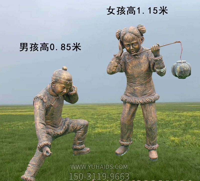 古代人物銅雕兒童放鞭炮雕塑