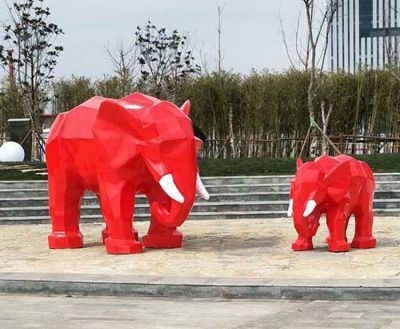 公園景區(qū)大象景觀(guān)玻璃鋼彩繪紅色幾何大象雕塑