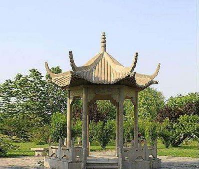 公園園林?jǐn)[放六角仿古建斗拱頂休息涼亭